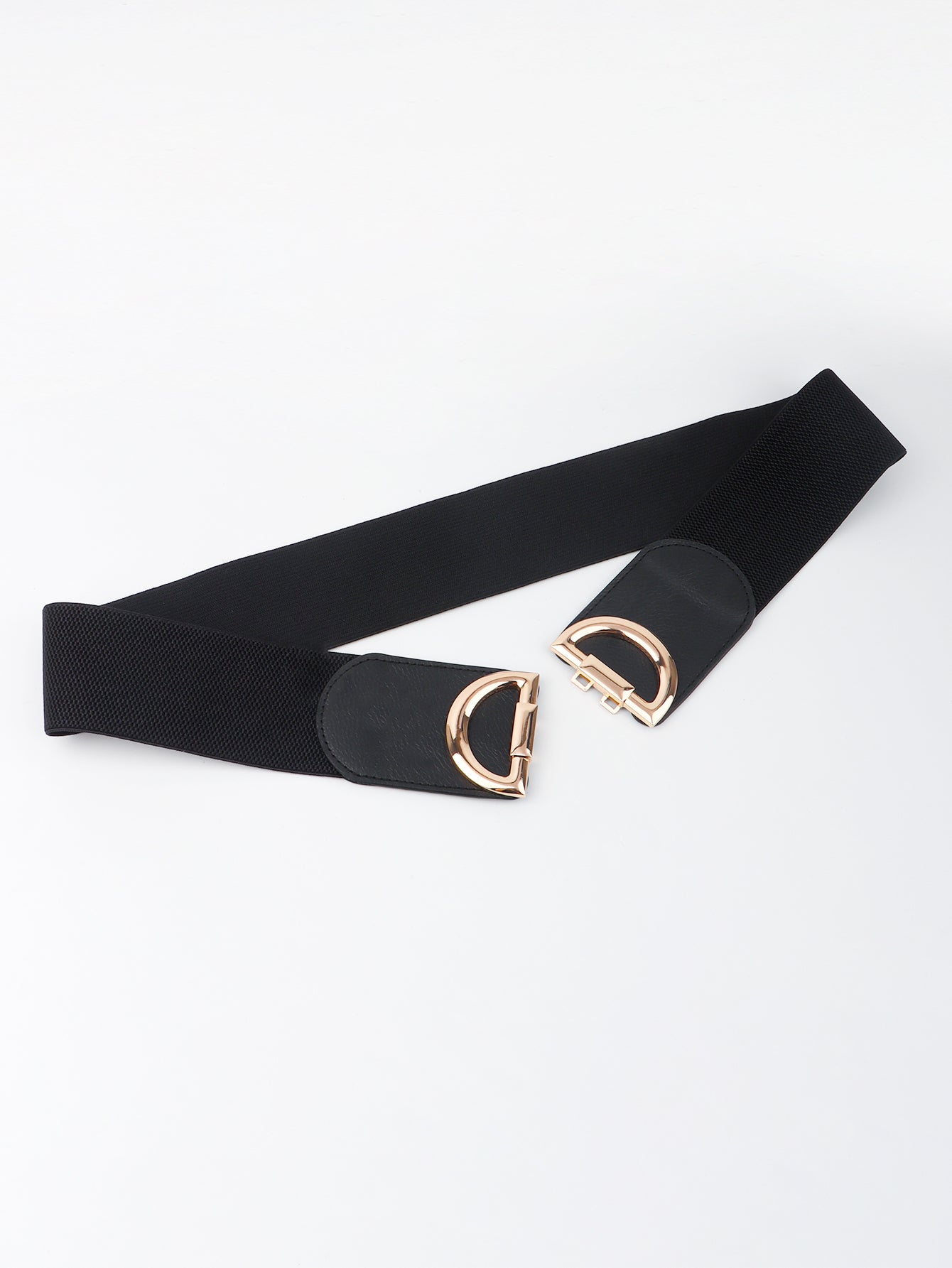 Black elastic belt with double D gold buckle detail
