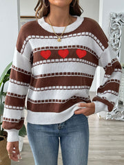 Brown and white striped knit sweater with embroidered red hearts and a crew neck.