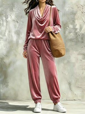 Cowl Neck Top And Joggers Set in Black, alternate angle