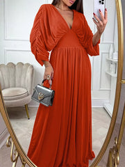 Smocked Ruched Sleeve Maxi Dress in Orange-Red, front view