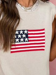 Beige knit sweater vest with American flag design, crew neck, sleeveless.