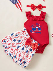 Red patriotic baby set with ruffled neckline, car graphic, and star bloomer shorts.