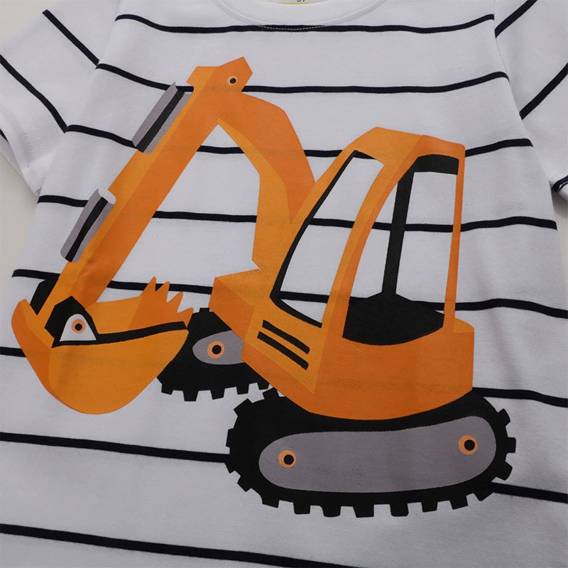 Toddler cotton t-shirt with excavator graphic on white and black stripes