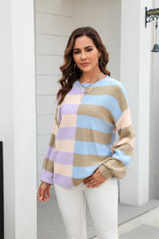 Pastel block stripe crewneck pullover sweater in acrylic with pastel color blocking and stripes.