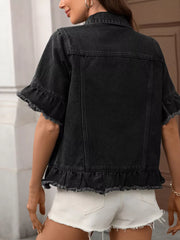 Black denim trucker jacket with short ruffled sleeves and raw hem