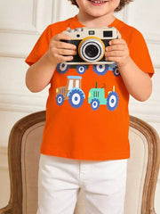 Orange cotton crew neck t-shirt with tractor print