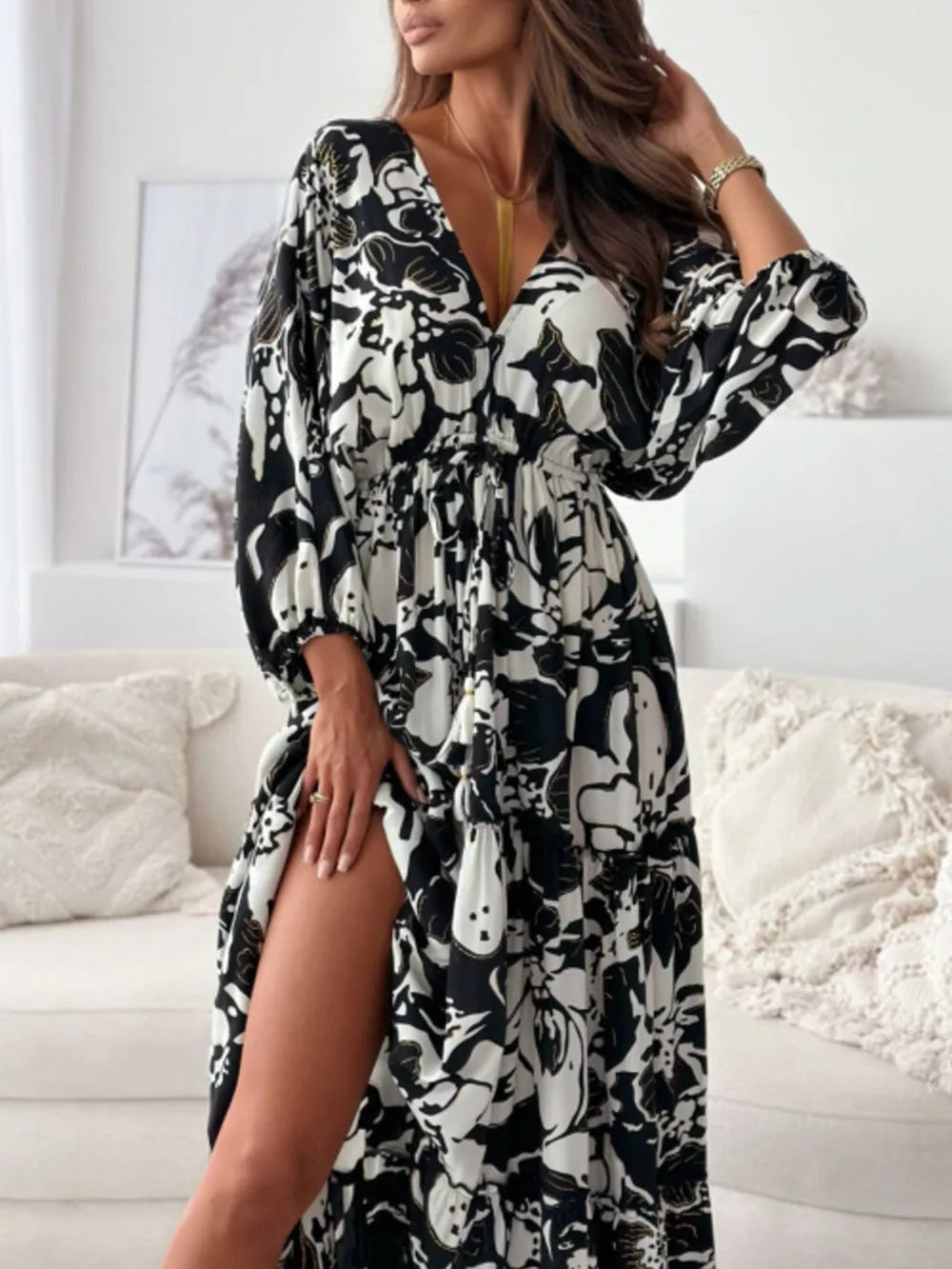 Printed V-neck Balloon Sleeve Maxi Dress in Black, side view
