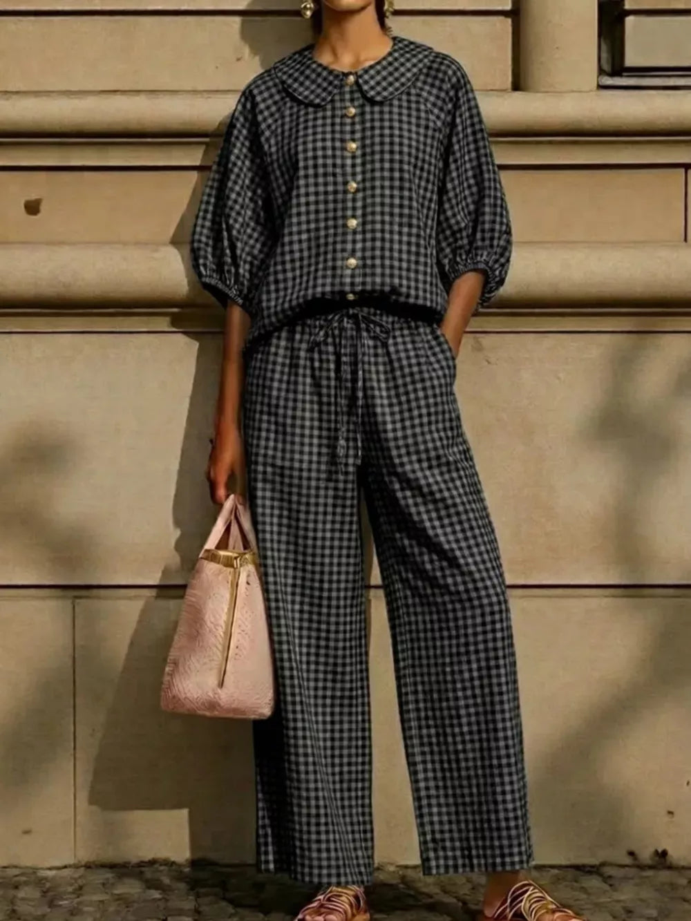 Full Size Plaid Button Up Shirt And Pants Set Plus Size, alternate angle