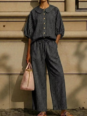 Full Size Plaid Button Up Shirt And Pants Set Plus Size, alternate angle
