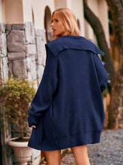 Navy hooded knit cocoon cardigan with oversized collar and ribbed details.