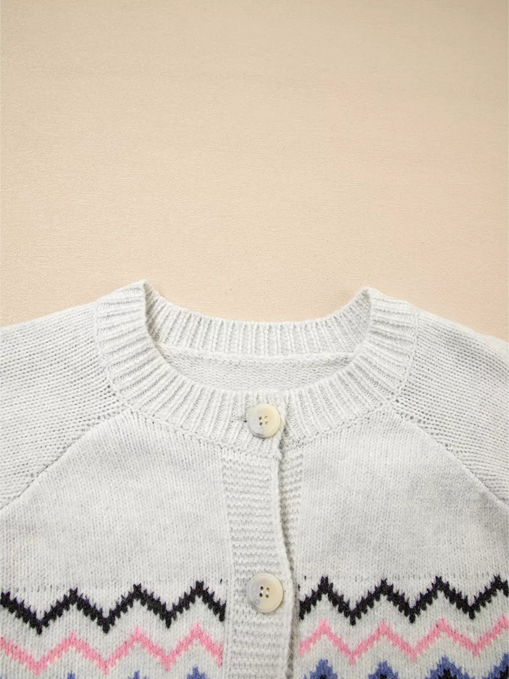 Stripe Geometric Button Up Sweater Cardigan in Light Gray, fit detail