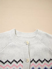 Stripe Geometric Button Up Sweater Cardigan in Light Gray, fit detail