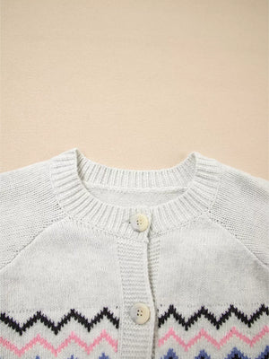 Stripe Geometric Button Up Sweater Cardigan in Light Gray, fit detail