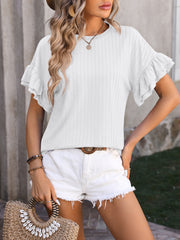 White textured blouse with flutter sleeves and crew neck.