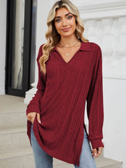 Burgundy ribbed knit collared long sleeve tunic top with slit hem