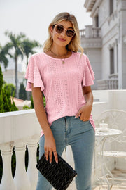 Blush pink eyelet flounce sleeve crew neck top with allover diamond pattern