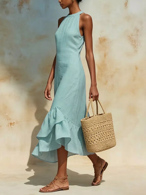 Full Size Ruffle Hem Sleeveless Midi Dress in Yellow, model styling view