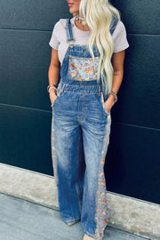 Denim overalls with floral print pocket and side panels, wide leg, women's