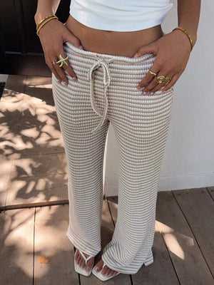 Striped wide leg maternity pants with drawstring waist in apricot and white knit.
