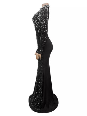 glam formal gown in Black with mock neck