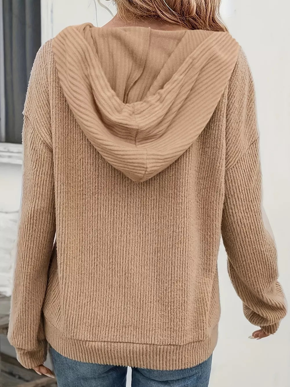 Khaki ribbed knit button-front hoodie with drawstring and long sleeves.