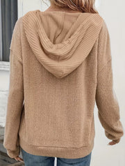 Khaki ribbed knit button-front hoodie with drawstring and long sleeves.