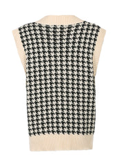 Houndstooth knit V-neck tank top in black and beige with ribbed trim.