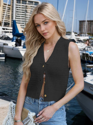 Black ribbed knit button-front tank top with a V-neck and collar