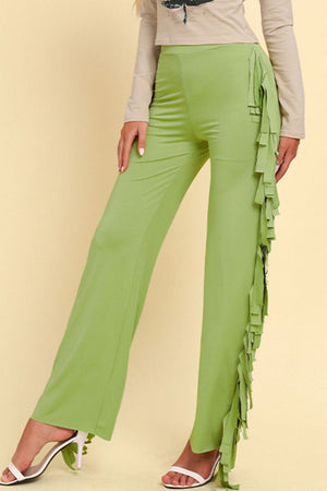 Yellow-green palazzo trousers with cascading fringe detail down the side.