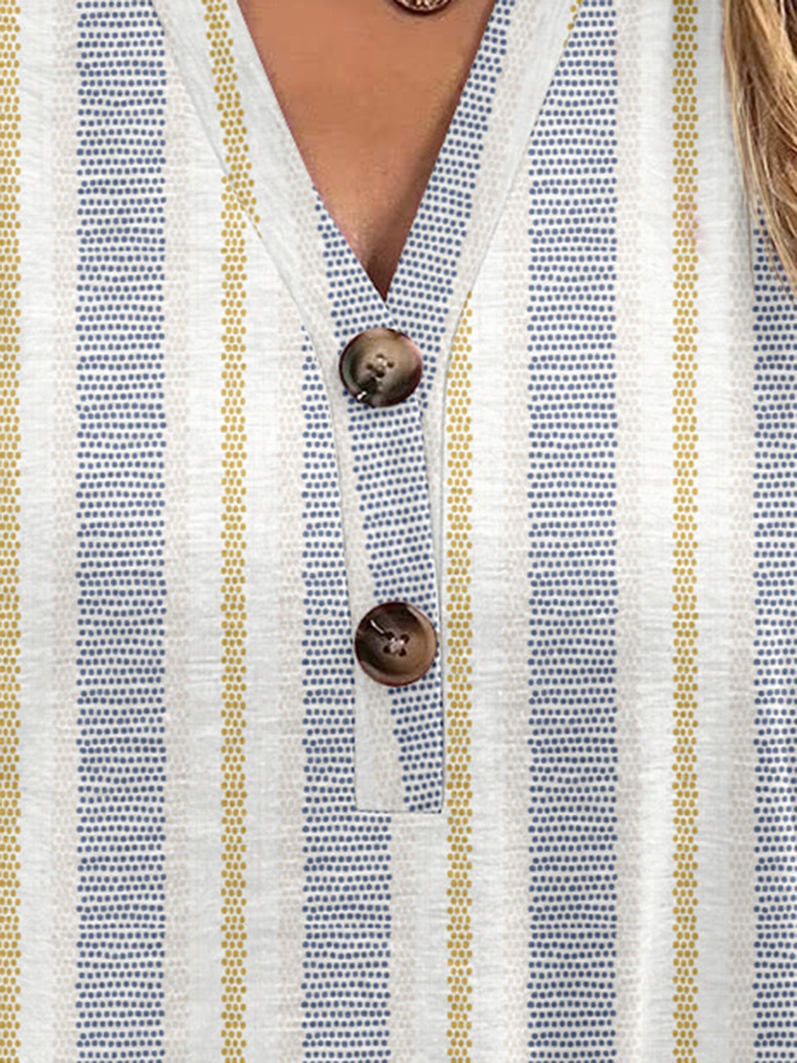 Bohemian tapestry henley blouse with stripe pattern and button detail