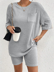 Light Gray ribbed lounge set with crew neck top and bike shorts.