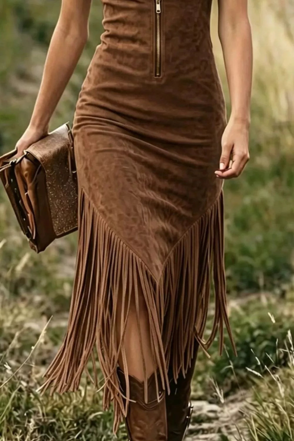 Coffee brown midi dress with zipper and fringe detail