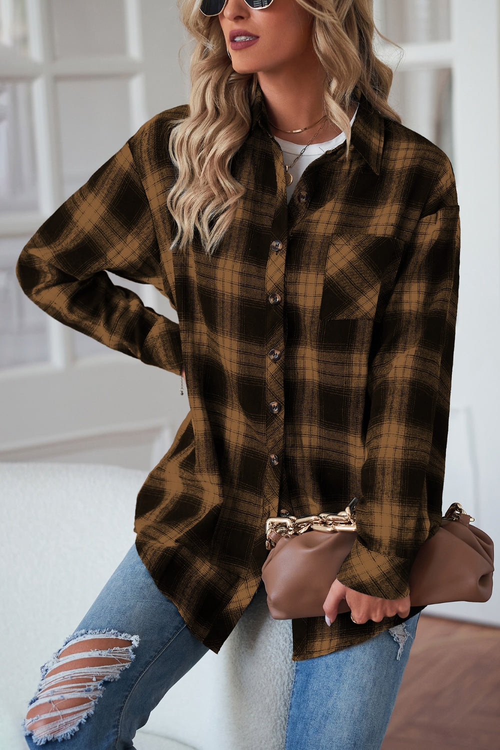 Caramel plaid drop-shoulder jacket with button front and chest pocket.