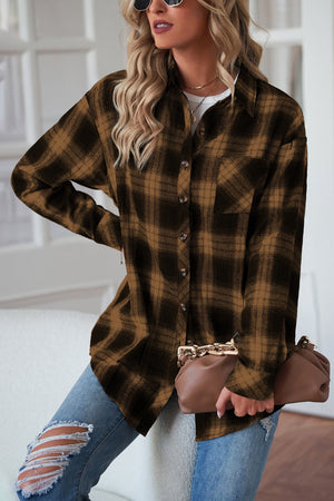 Caramel plaid drop-shoulder jacket with button front and chest pocket.