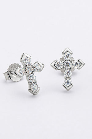 Diamond-set geometric cross stud earrings in silver