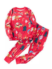 Children's red Christmas print pajama set with long sleeves and pants.