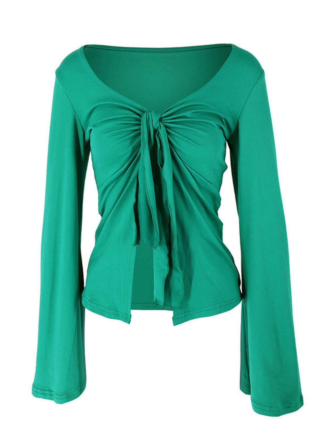 Green long sleeve tie-front blouse with a V-neckline and open front detail.