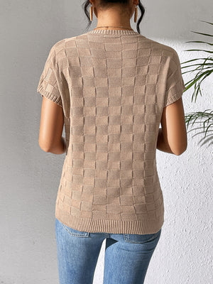 Camel knit pocket tee with textured checkerboard pattern and short sleeves.