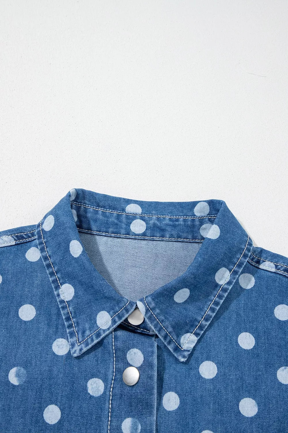 Polka Dot Long Sleeve Collar Shift Tunic Denim Jacket in Dusty Blue, fit detail
