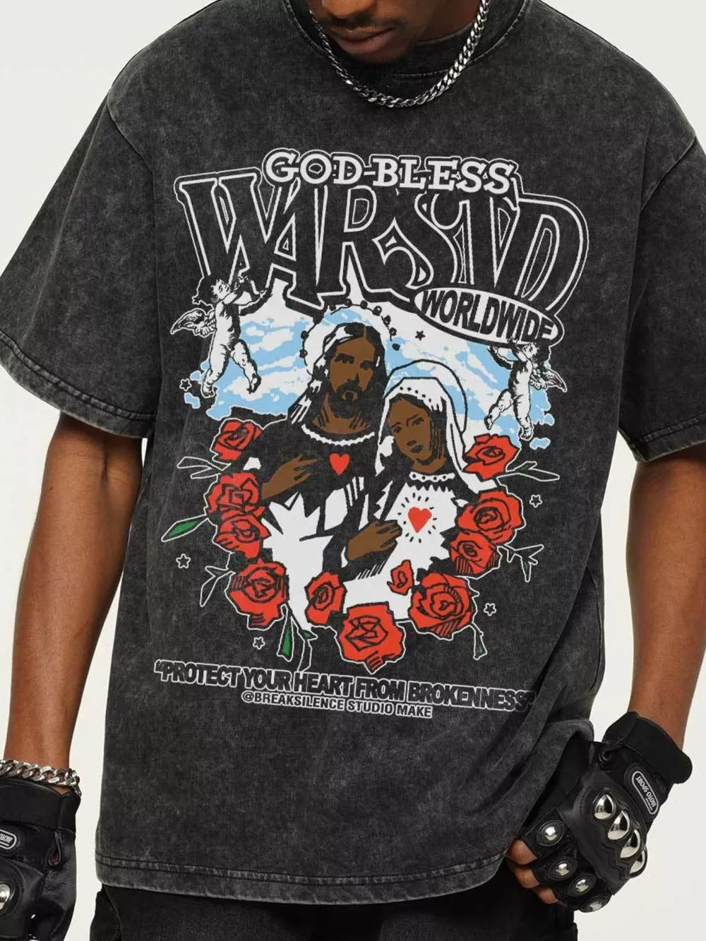 Men's dark gray graphic t-shirt with religious art and roses.