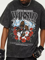 Men's dark gray graphic t-shirt with religious art and roses.