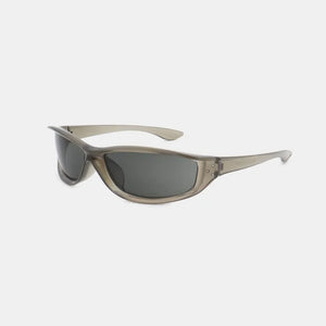 Gray sculpted sport sunglasses with dark lenses and a wraparound frame.