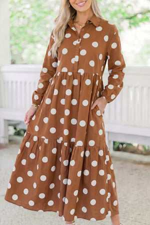 Polka Dot Button Front Long Sleeve Shift Dress in Camel, side view