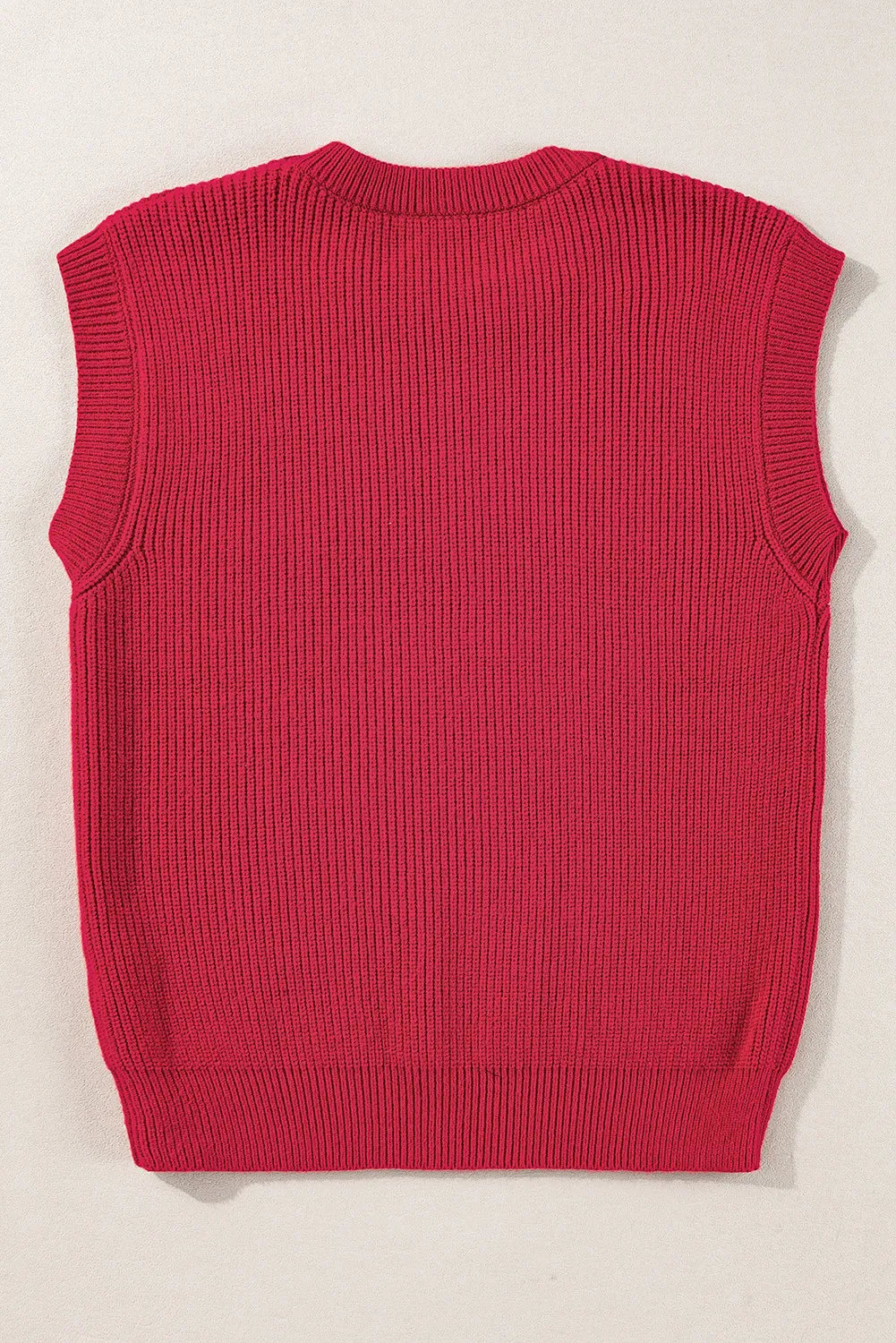 Burgundy ribbed knit vest with a crew neckline and sleeveless design.