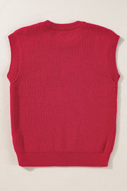 Burgundy ribbed knit vest with a crew neckline and sleeveless design.