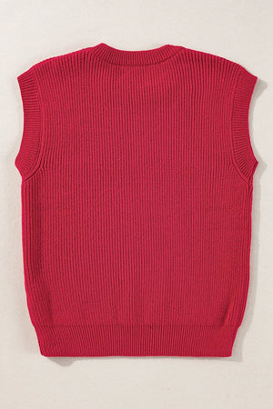 Burgundy ribbed knit vest with a crew neckline and sleeveless design.