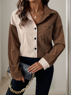 Colorblock corduroy shirt in coffee brown and cream with asymmetrical paneling and button front.