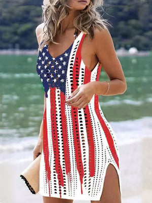 Multicolor openwork knit swim dress with American flag pattern and side slits.