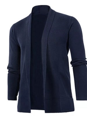 Men's navy blue open-front cardigan with ribbed texture and shawl collar.