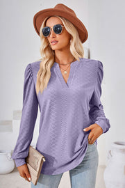 Lilac textured puff sleeve henley blouse with v-neck and long sleeves